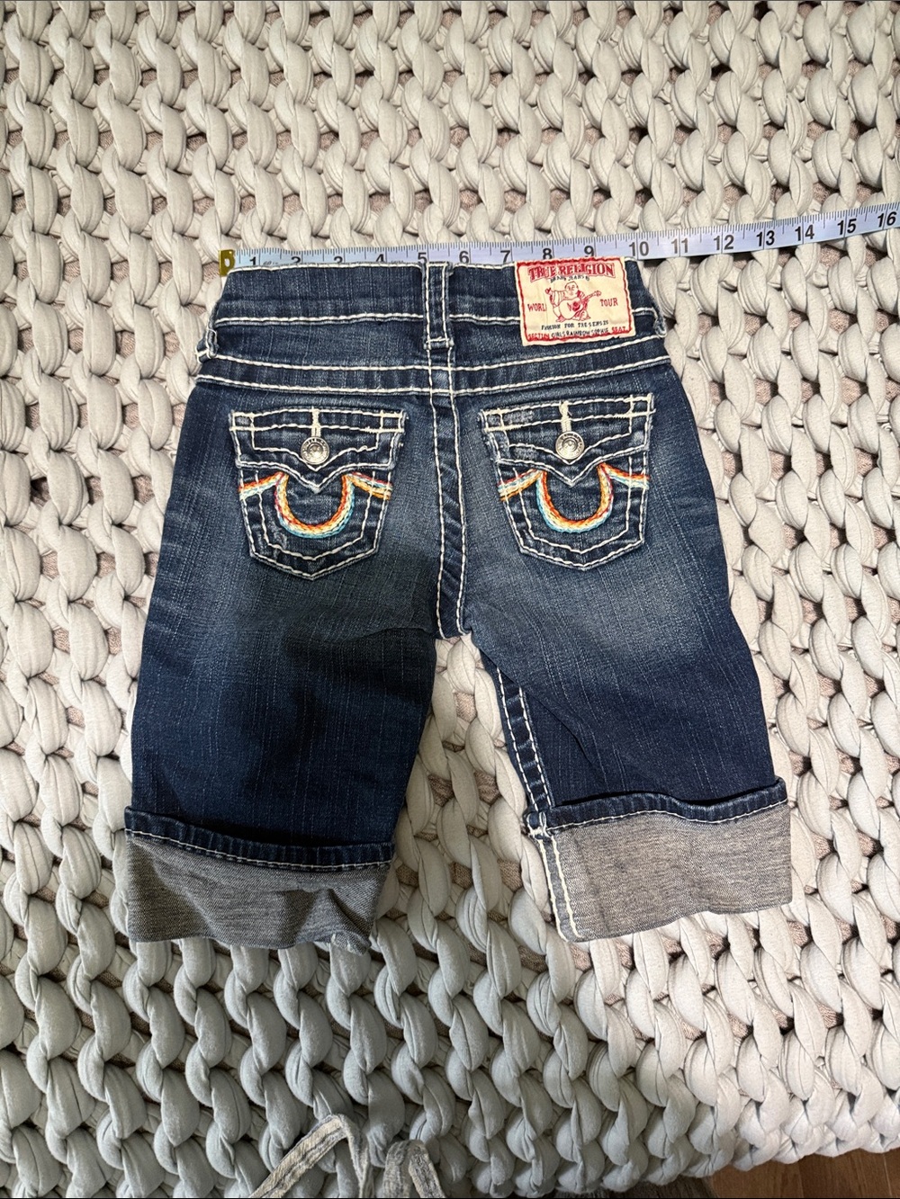 True Religion Girls Dark Wash Denim Cuffed Shorts with Rainbow Stitch
